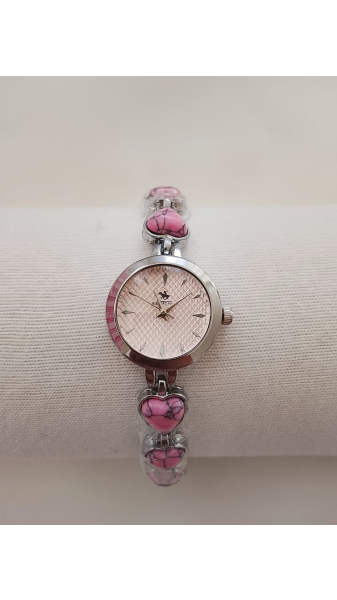Pembe Kalp Detaylı Gümüş Bayan Kol Saati
